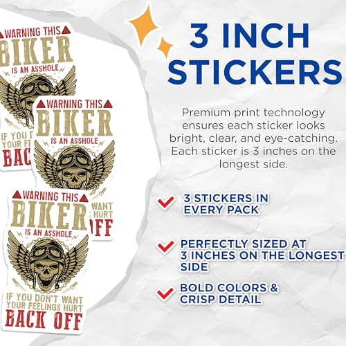 (3 Pack) Biker Decals - Skull with Wings - Funny Biker Stickers - 3 Inches On Longest Side - Easy Peel & Apply - Made in USA - 3MCS4404