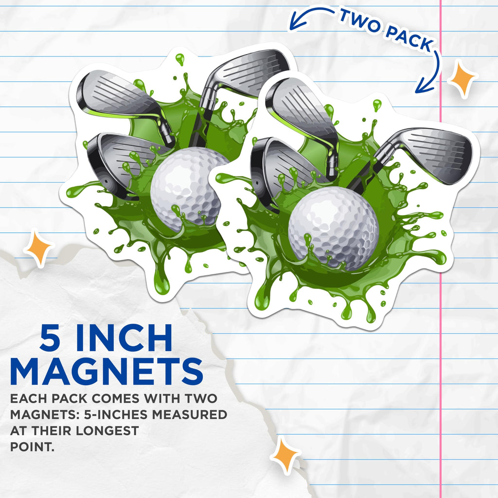 (2 Pack) Golf Ball Magnets - Golf Clubs Green Splatter Art - Golfer Refrigerator Decor - Sports Enthusiast Appliance Magnet - 5 Inches On Longest Side - Thick Durable Magnet - Made in USA - MAG22993