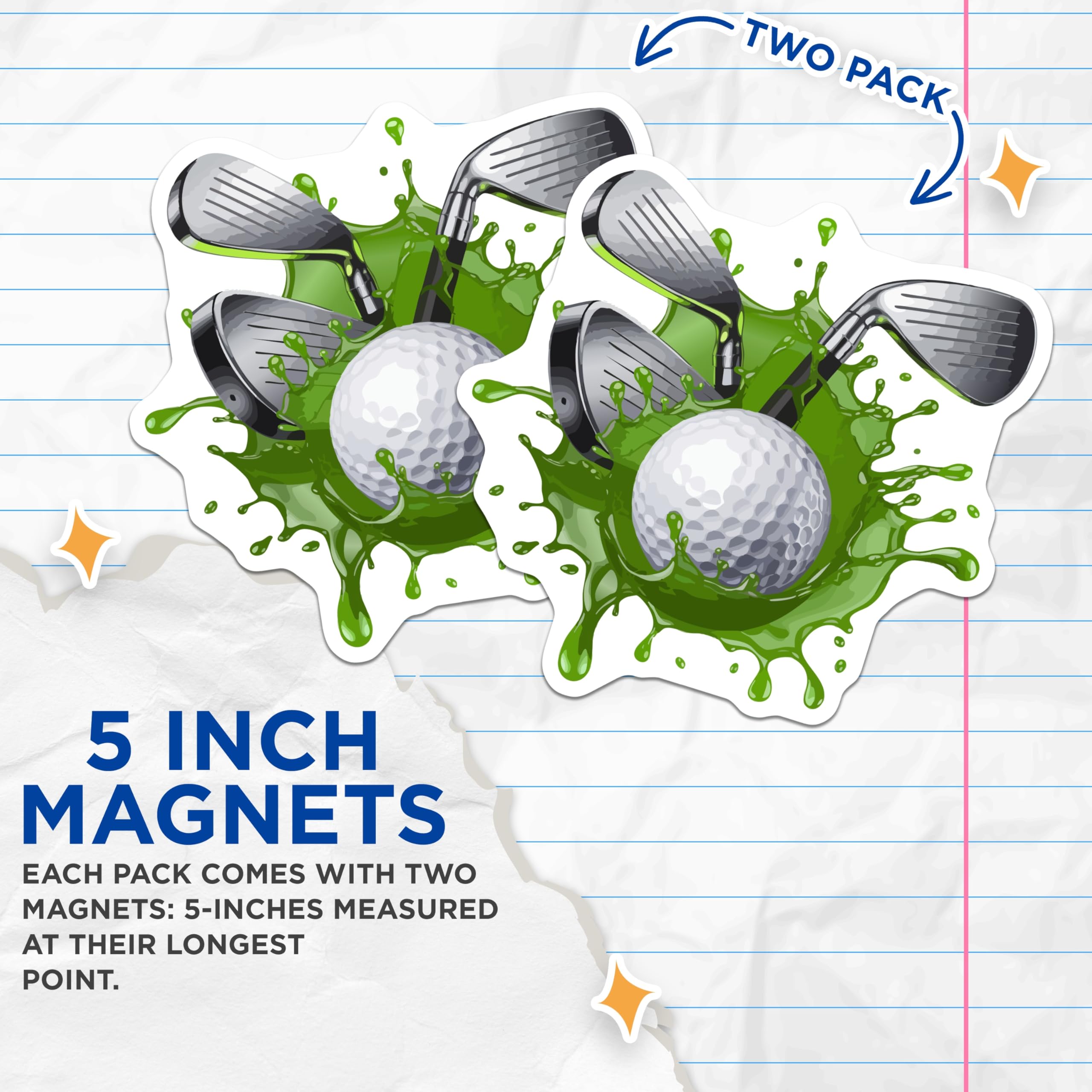(2 Pack) Golf Ball Magnets - Golf Clubs Green Splatter Art - Golfer Refrigerator Decor - Sports Enthusiast Appliance Magnet - 5 Inches On Longest Side - Thick Durable Magnet - Made in USA - MAG22993