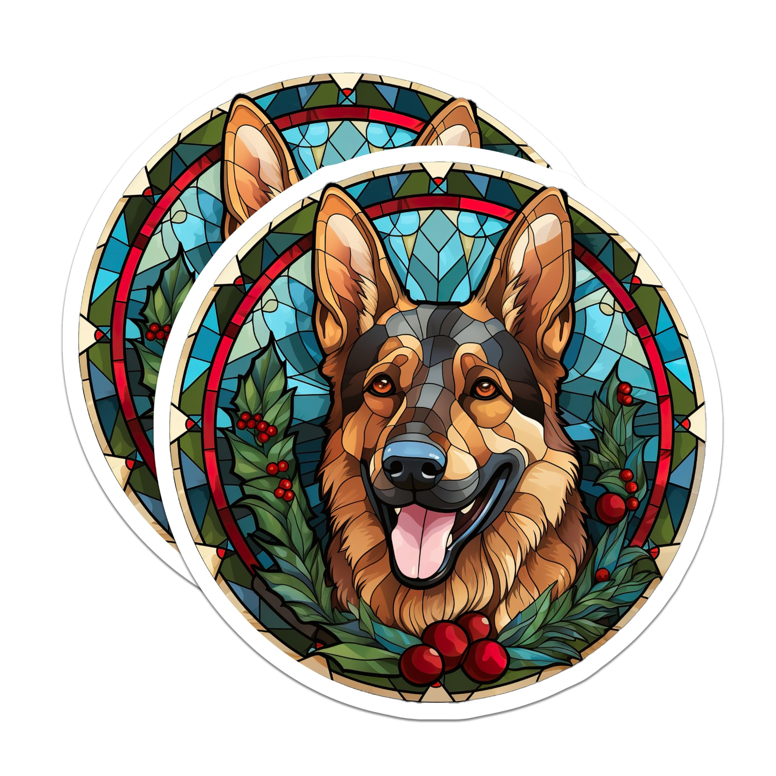 (2 Pack) German Shepherd Stained Glass Magnets - Christmas Dog Decor - Pet Parent Holiday Art - 5 Inches On Longest Side - Thick Durable Magnet - Made in USA - MAG27471