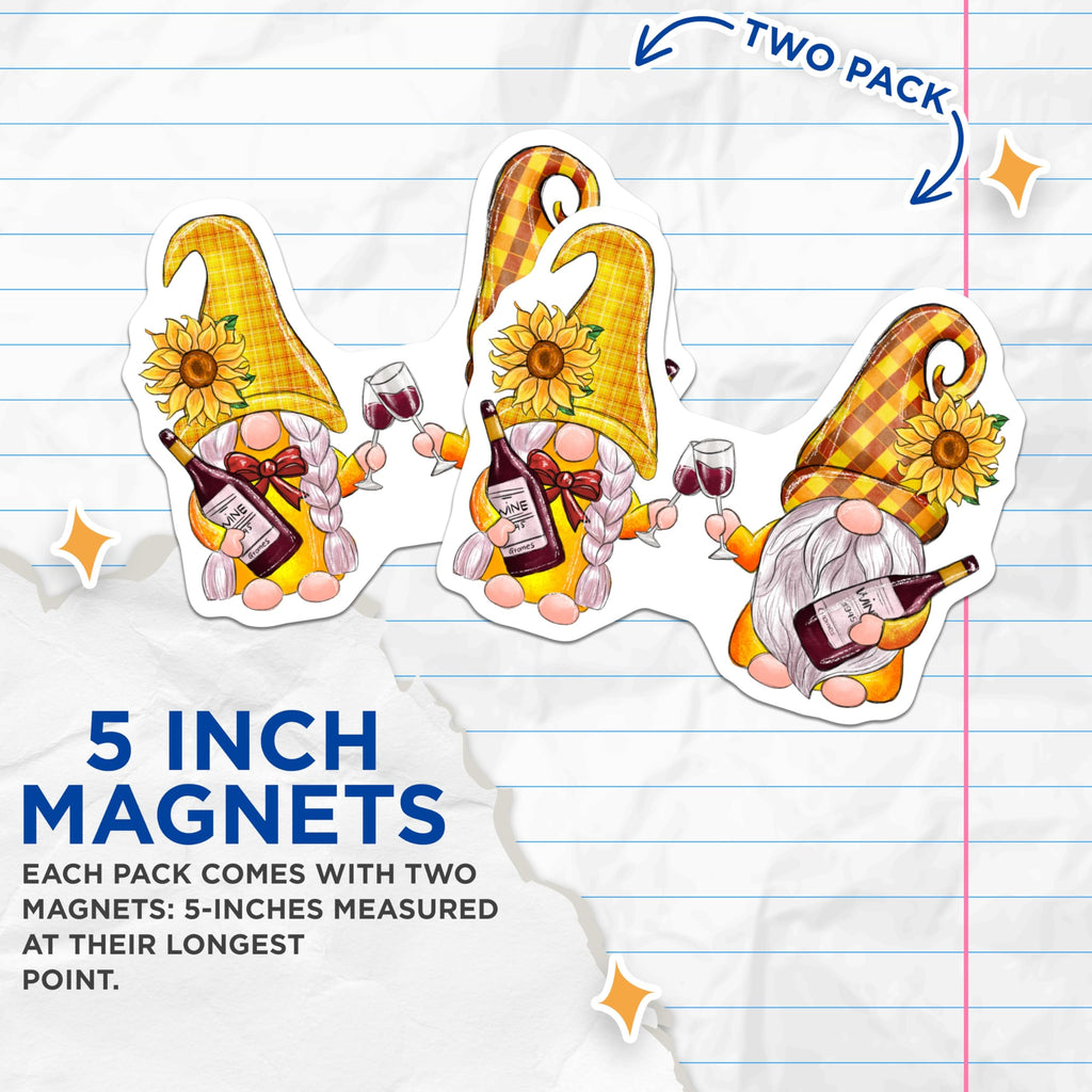 (2 Pack) Wine Gnomes Magnets - Sunflower Decor - Funny Drinking Theme - 5" On Longest Side - Premium Magnet - for Cars, Refrigerators, Toolboxes, Lockers - Made in USA - MAG14064