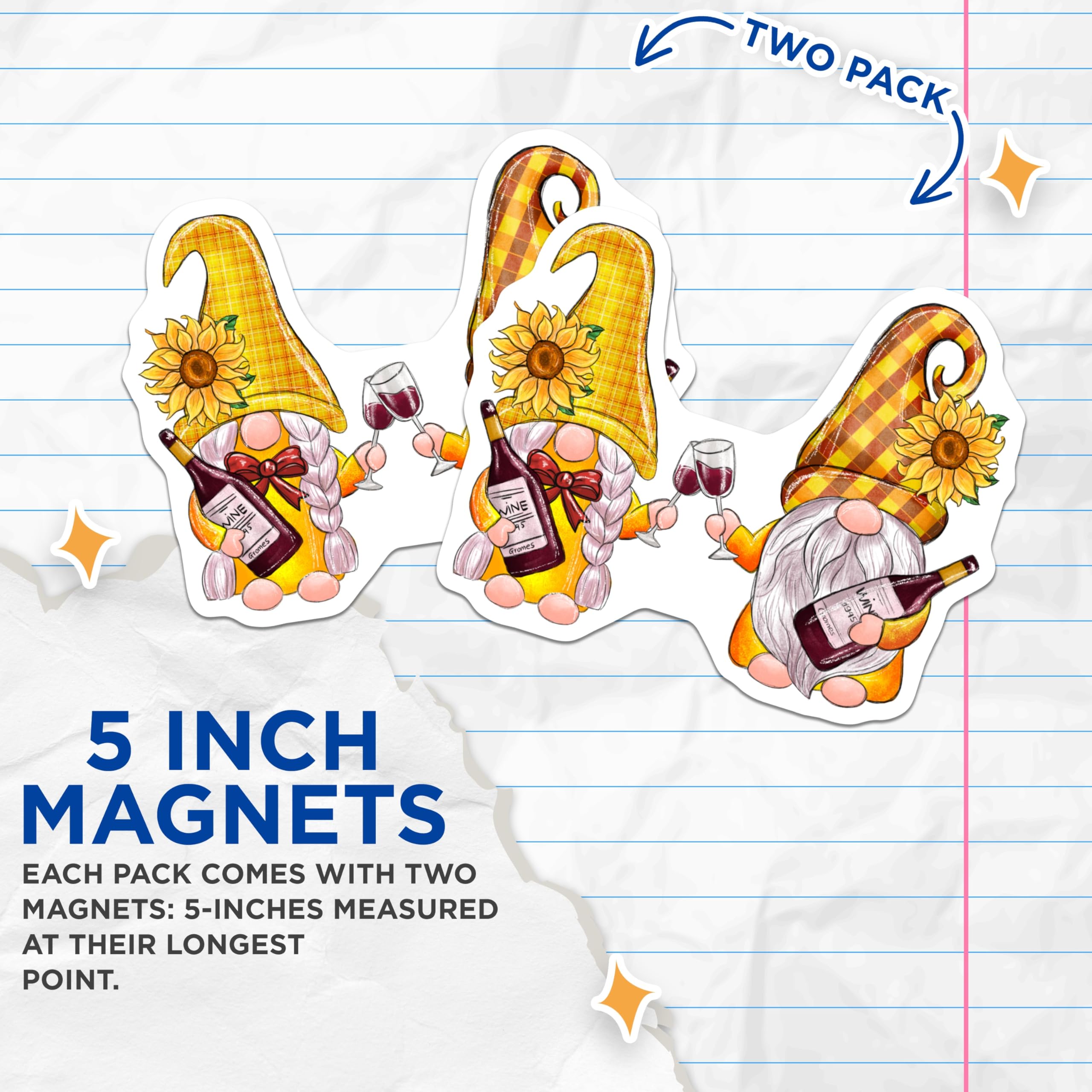 (2 Pack) Wine Gnomes Magnets - Sunflower Decor - Funny Drinking Theme - 5" On Longest Side - Premium Magnet - for Cars, Refrigerators, Toolboxes, Lockers - Made in USA - MAG14064