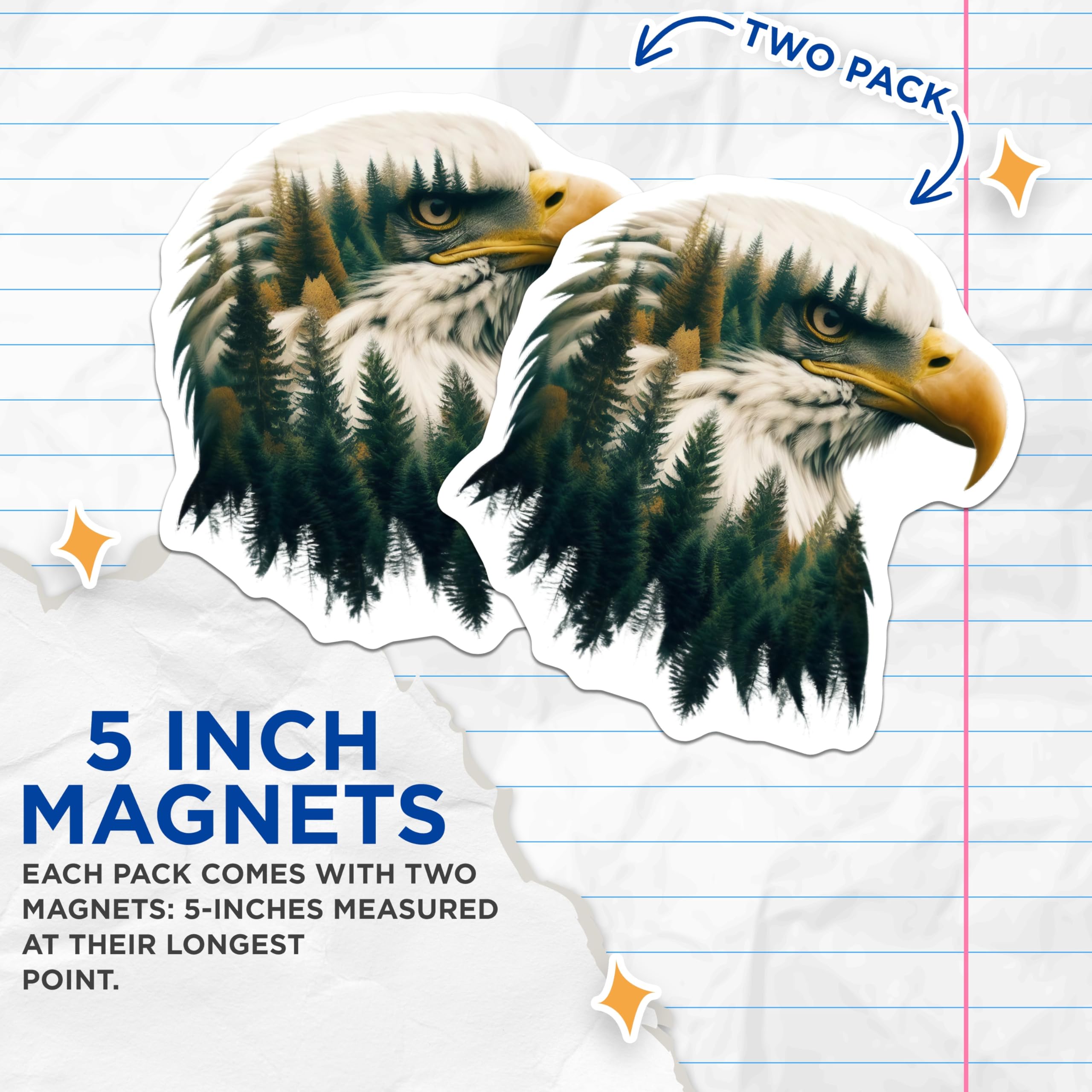 (2 Pack) Eagle Head Magnets - Forest Scene - Birds of Prey Fridge Decor - 5" On Longest Side - Premium Magnet - for Cars, Refrigerators, Toolboxes, Lockers - Made in USA - MAG16089