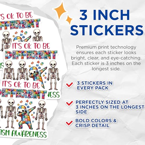 (3 Pack) Autism Awareness Decals - Skeleton Decal - Dabbing Autism Decal - 3 Inches On Longest Side - Easy Peel & Apply - Made in USA - 3MCS6897