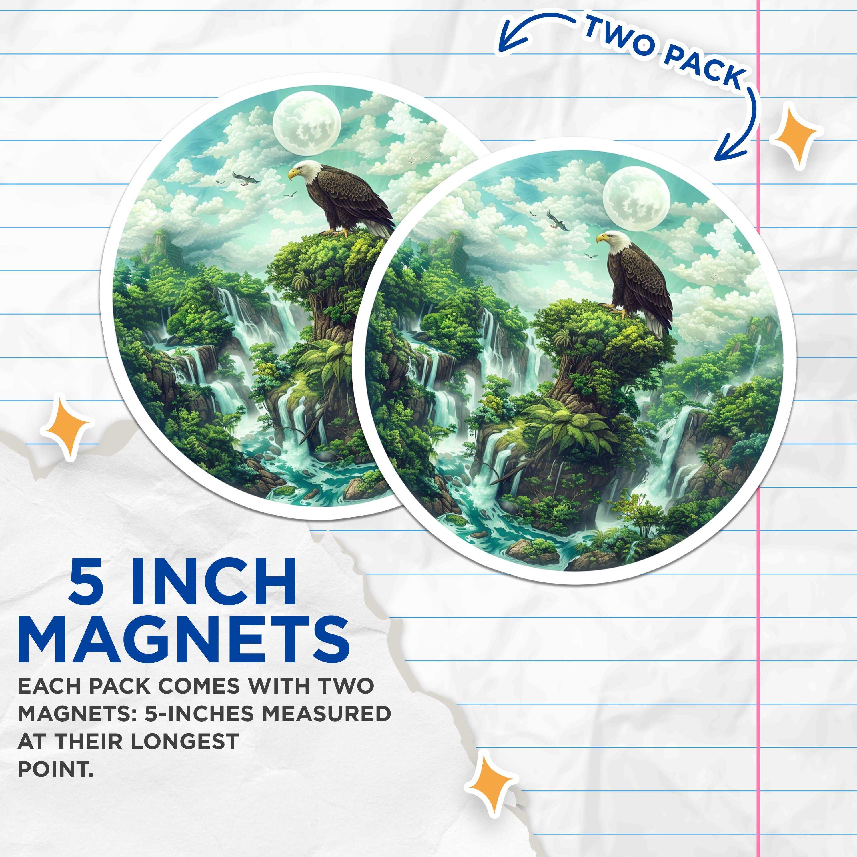 (2 Pack) Bald Eagle Waterfall Magnets - Majestic Nature Landscape Art - Wildlife Scene Home Decor - 5 Inches On Longest Side - Thick Durable Magnet - Made in USA - MAG39141