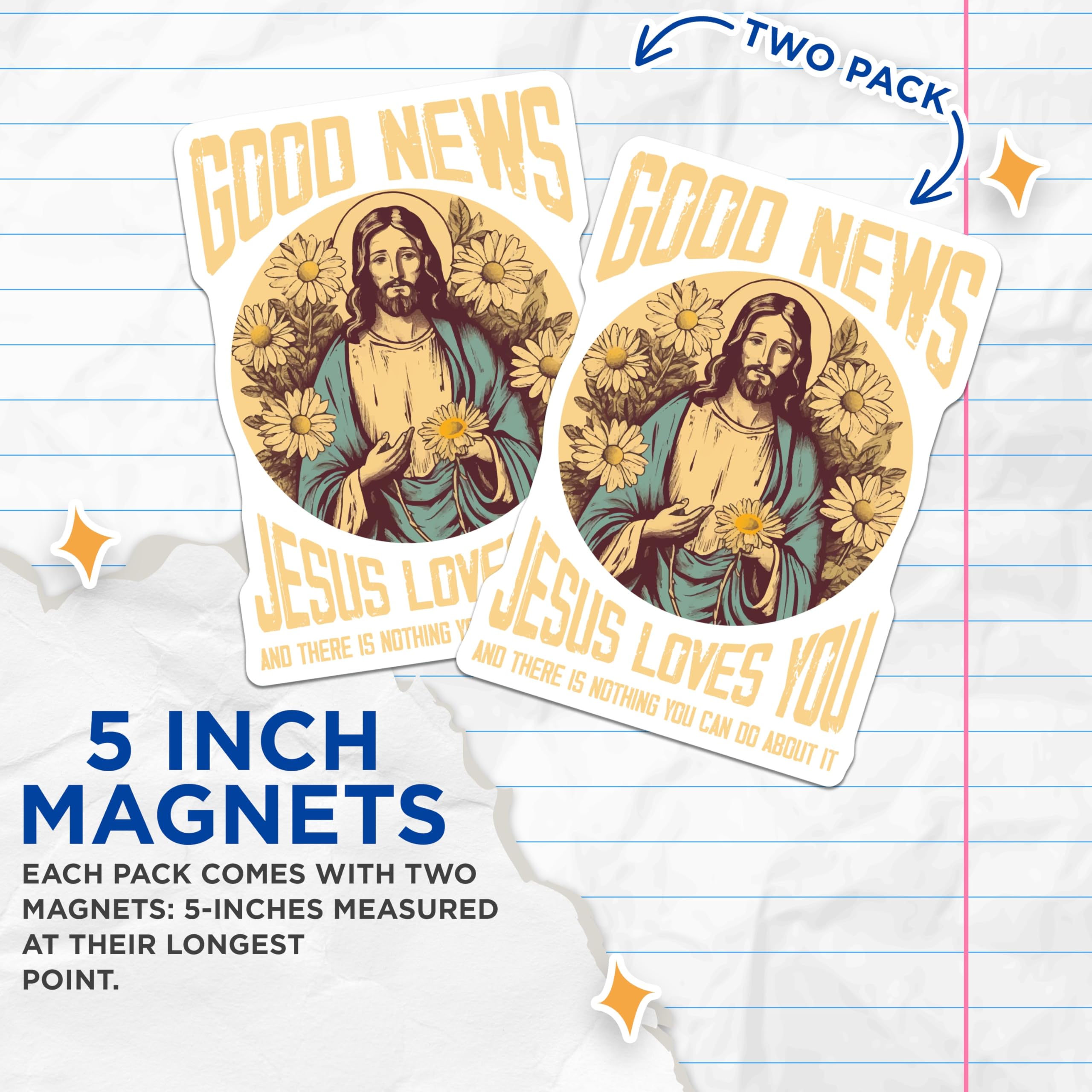 (2 Pack) Good News Jesus Loves You Magnets - Christian Faith Message - Inspirational Spiritual Decor Daisy - 5 Inches On Longest Side - Thick Durable Magnet - Made in USA - MAG24255