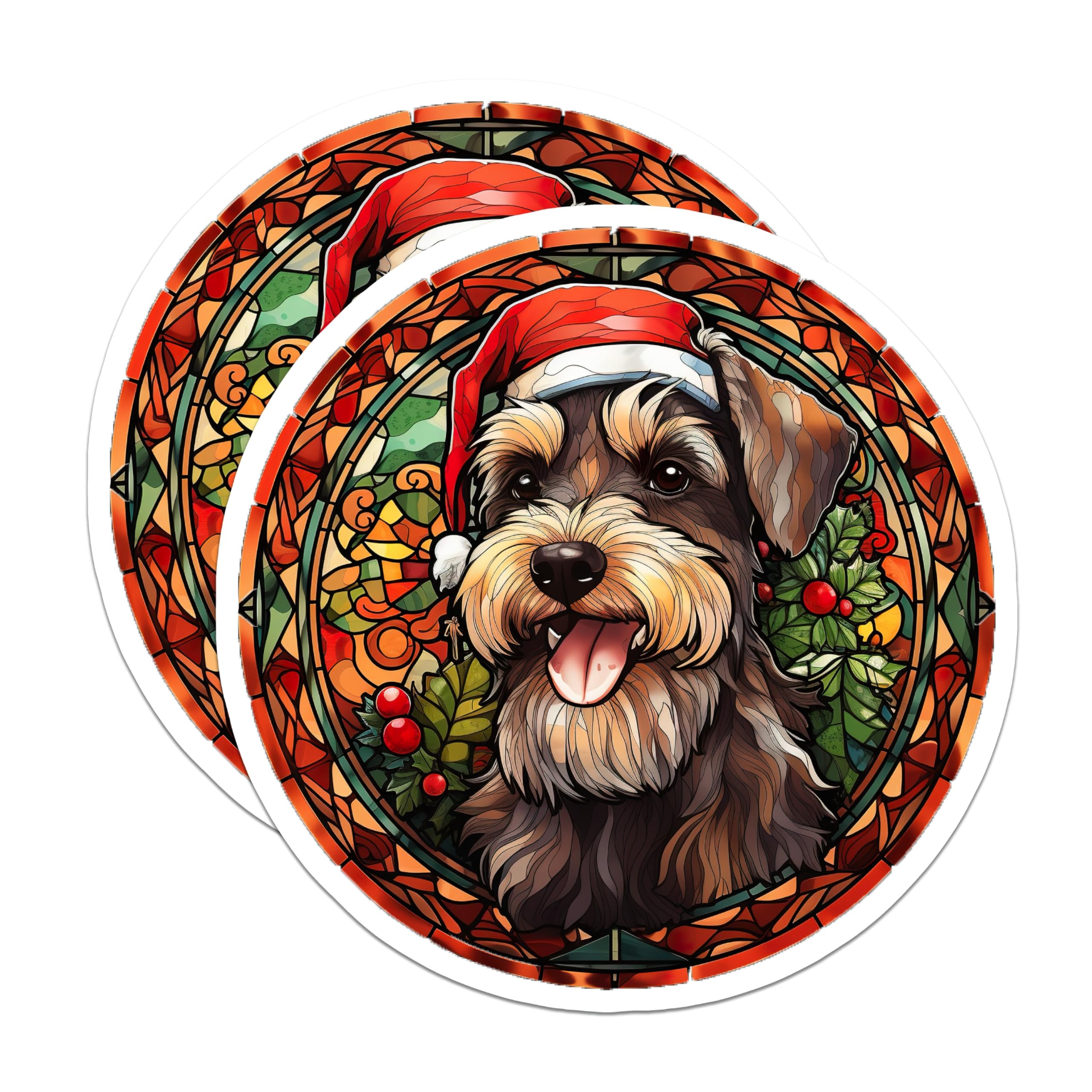 (2 Pack) Christmas Schnauzer Magnets - Holiday Dog Decor - Stained Glass Pet Artwork - 5 Inches On Longest Side - Thick Durable Magnet - Made in USA - MAG27236