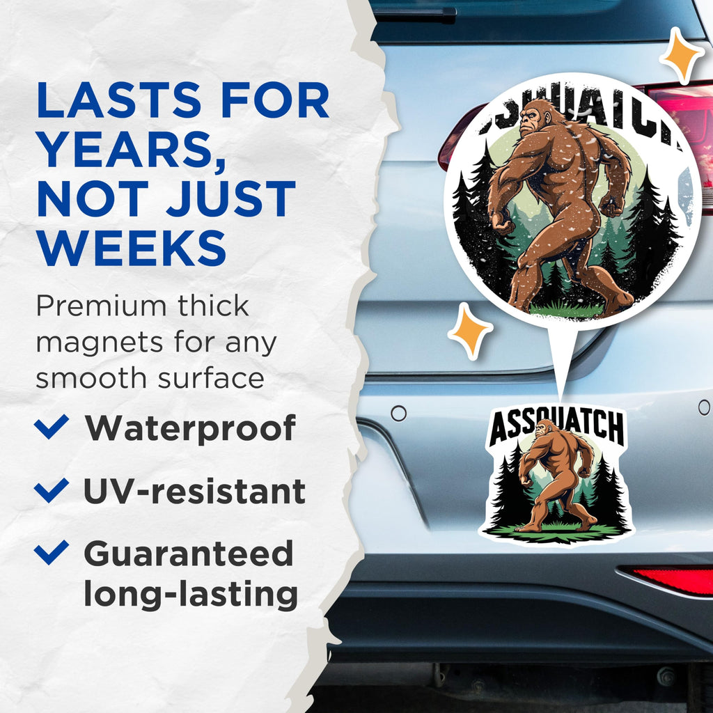 (2 Pack) Assquatch Magnets - Funny Bigfoot Cryptid Humor - Sasquatch Forest Creature Decor - 5 Inches On Longest Side - Thick Durable Magnet - Made in USA - MAG21454