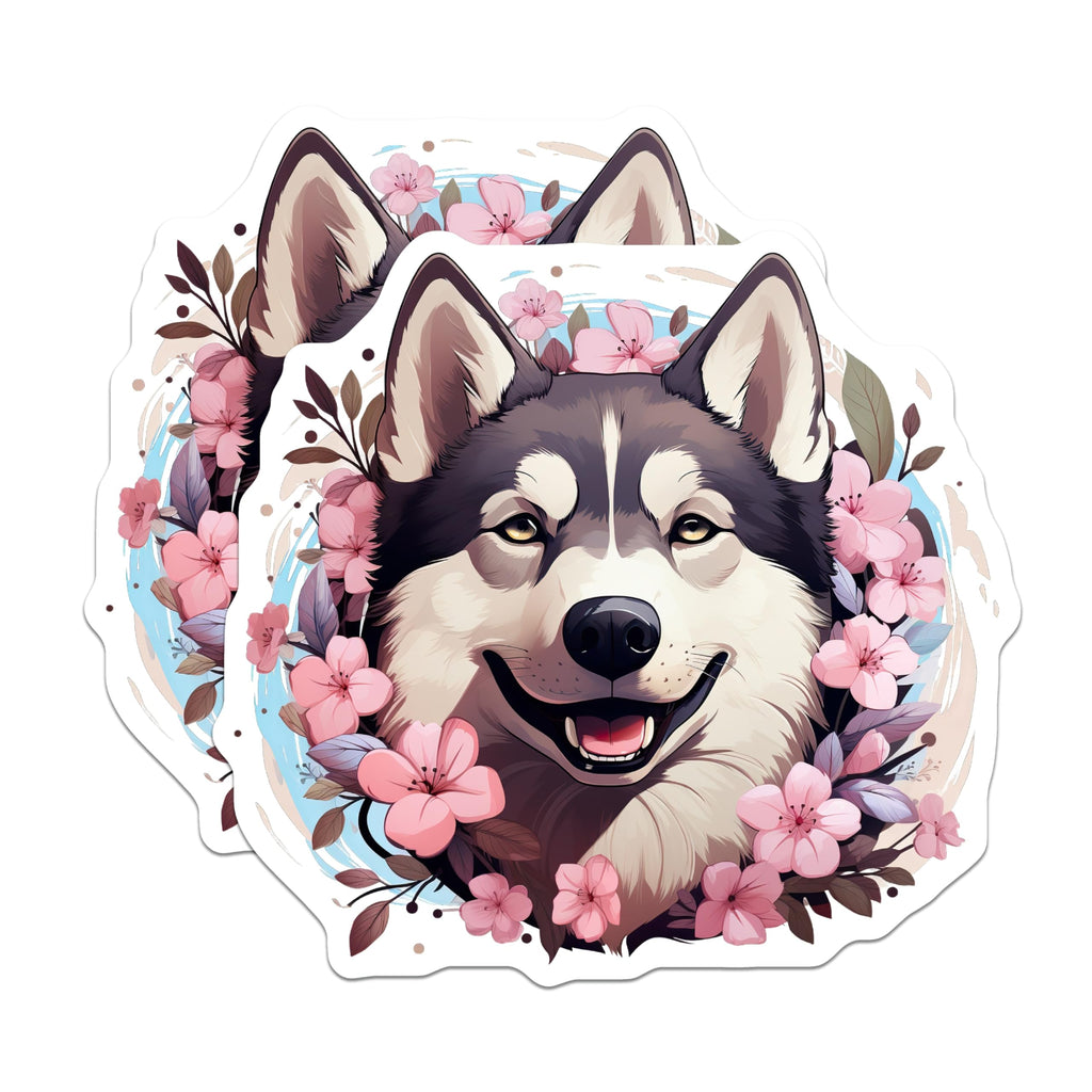 (2 Pack) Siberian Husky Magnets - Smiling Dog Floral Art - Cherry Blossom Pet Lover Decor - 5 Inches On Longest Side - Thick Durable Magnet - Made in USA - MAG24938