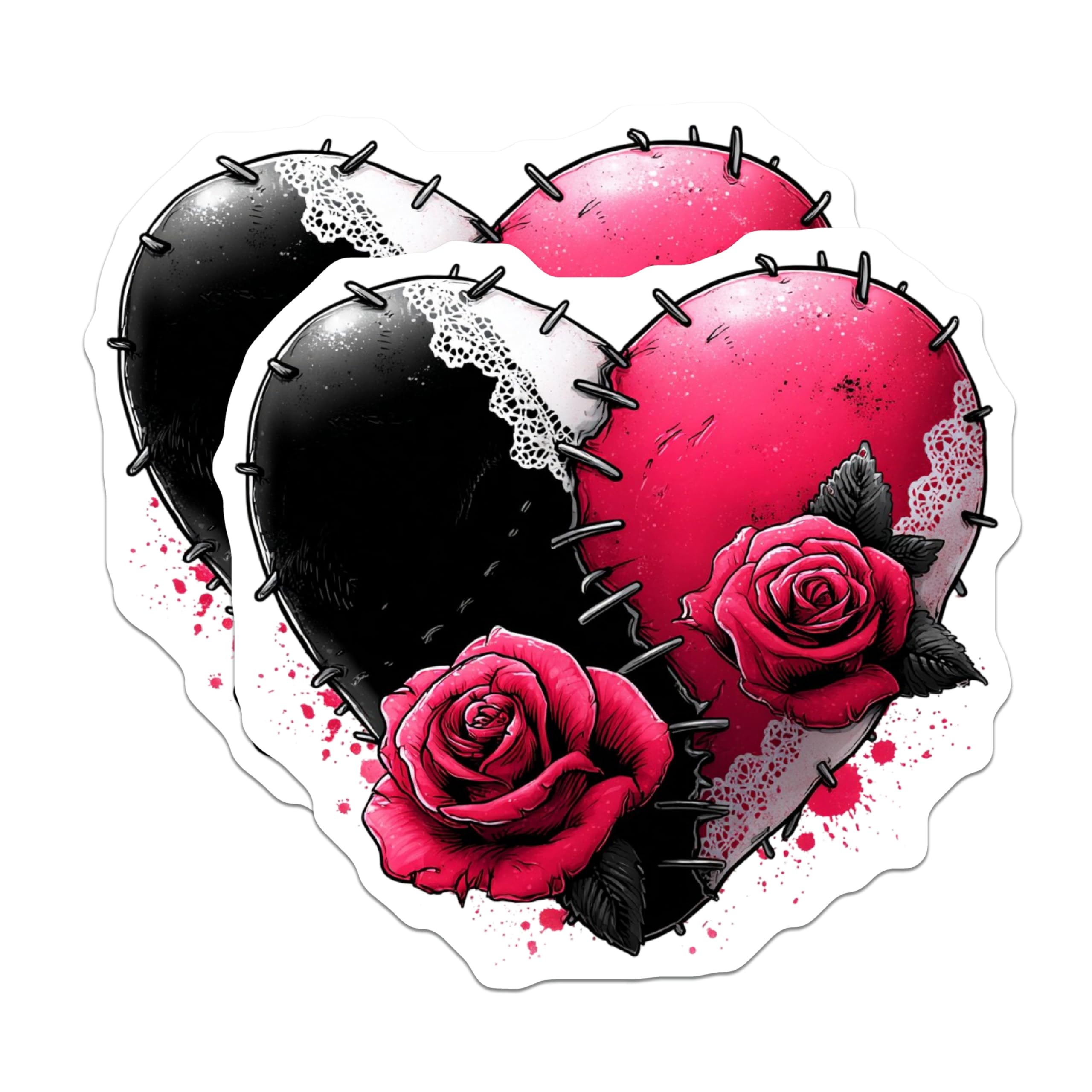 (2 Pack) Stitched Heart Magnets - Gothic Rose Design - Dark Romance Art - Alternative Decor - 5 Inches On Longest Side - Thick Durable Magnet - Made in USA - MAG23121