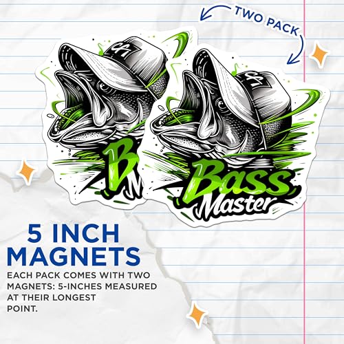 (2 Pack) Bass Master Magnets - Fishing Enthusiast Magnets - Fisherman Hat Magnets - 5" On Longest Side - for Cars, Refrigerators, Toolboxes, Lockers - Made in USA BMCS3357
