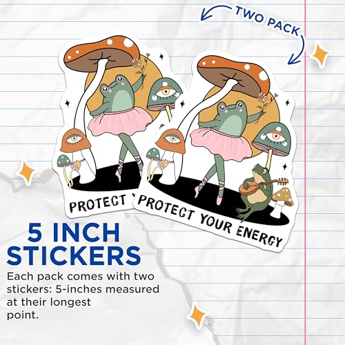 (2 Pack) Protect Your Energy Stickers - Frog Ballet Dancer - Cute Mushroom Design - 5" On Longest Side - Sticks to Smooth Flat Surfaces - Made in USA - BMCS7066