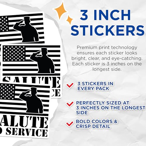 (3 Pack) Military Decals - Salute to Service - American Flag Decals - 3 Inches On Longest Side - Easy Peel & Apply - Made in USA - 3MCS4060
