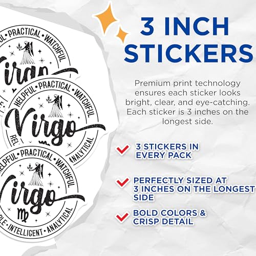 (3 Pack) Virgo Zodiac Decals - Astrology Sign - Laptop Decal - 3 Inches On Longest Side - Easy Peel & Apply - Made in USA - 3MCS4321