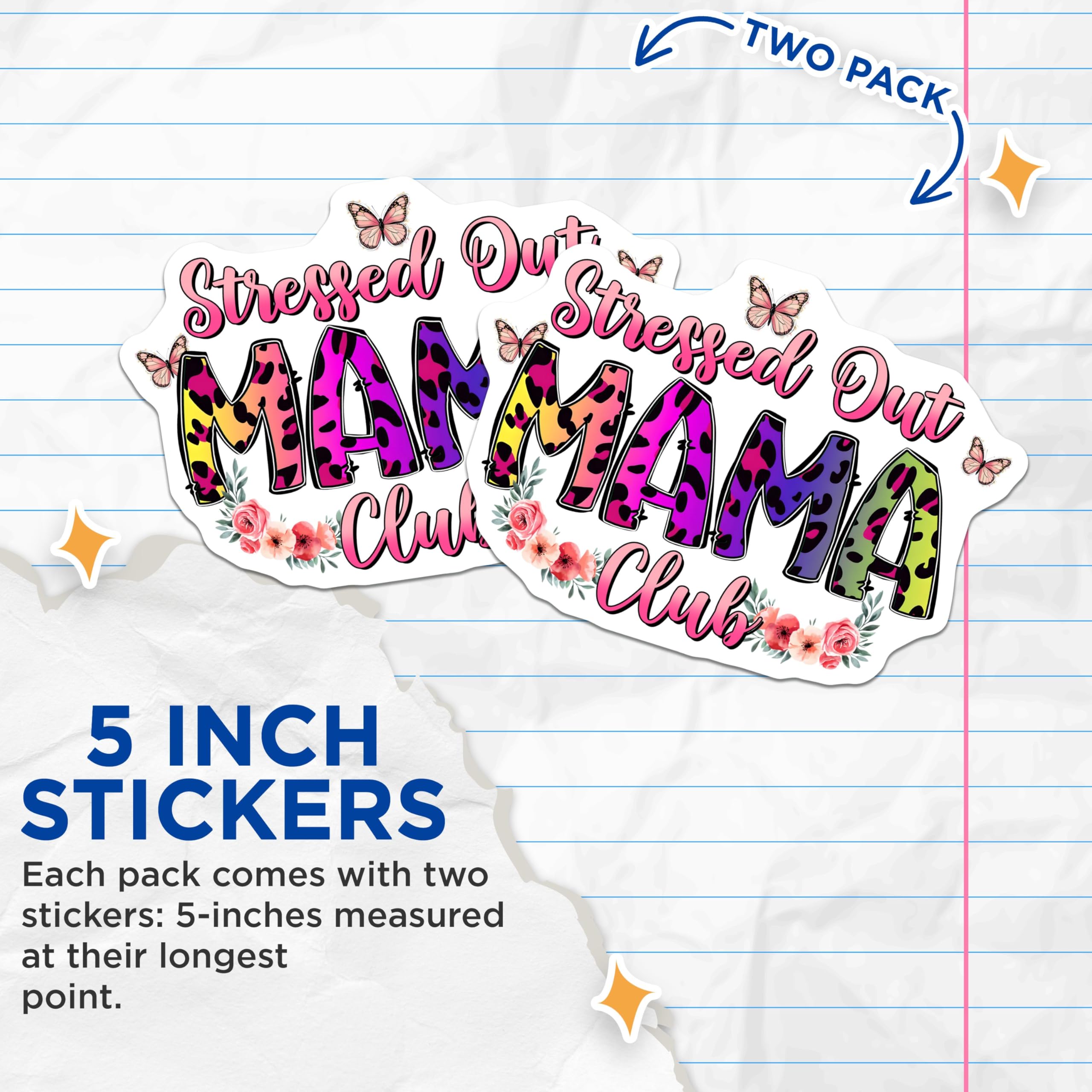 (2 Pack) Stressed Out Mama Stickers - Butterfly - Floral - 5" On Longest Side - Sticks to Smooth Flat Surfaces - Made in USA - BMCS8463
