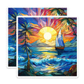 (2 Pack) Vibrant Stained Glass Tropical Sunset Magnets - Sailboat Ocean Waves Scene - Palm Tree Beach Art Decor - 5 Inches On Longest Side - Thick Durable Magnet - Made in USA - MAG23888