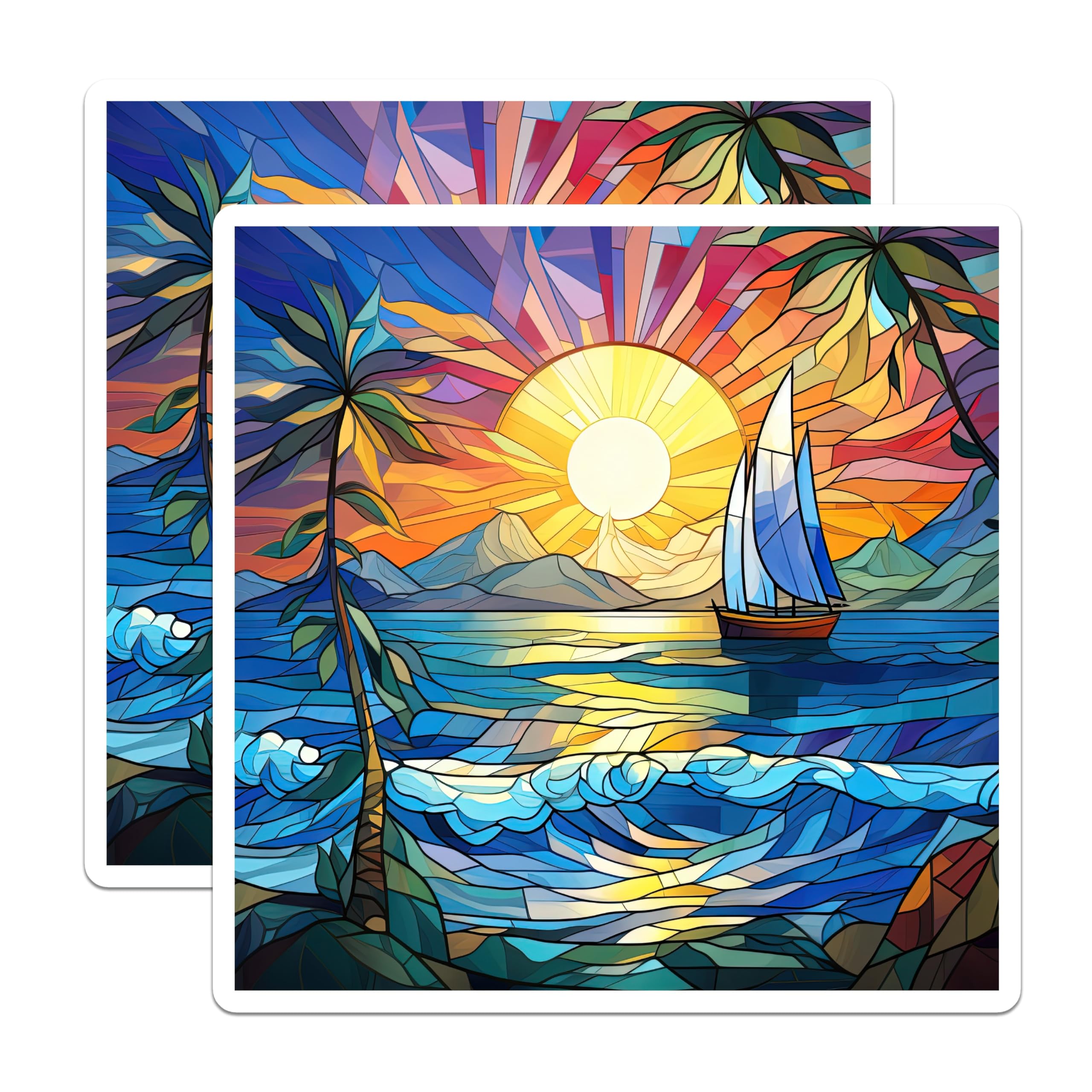 (2 Pack) Vibrant Stained Glass Tropical Sunset Magnets - Sailboat Ocean Waves Scene - Palm Tree Beach Art Decor - 5 Inches On Longest Side - Thick Durable Magnet - Made in USA - MAG23888