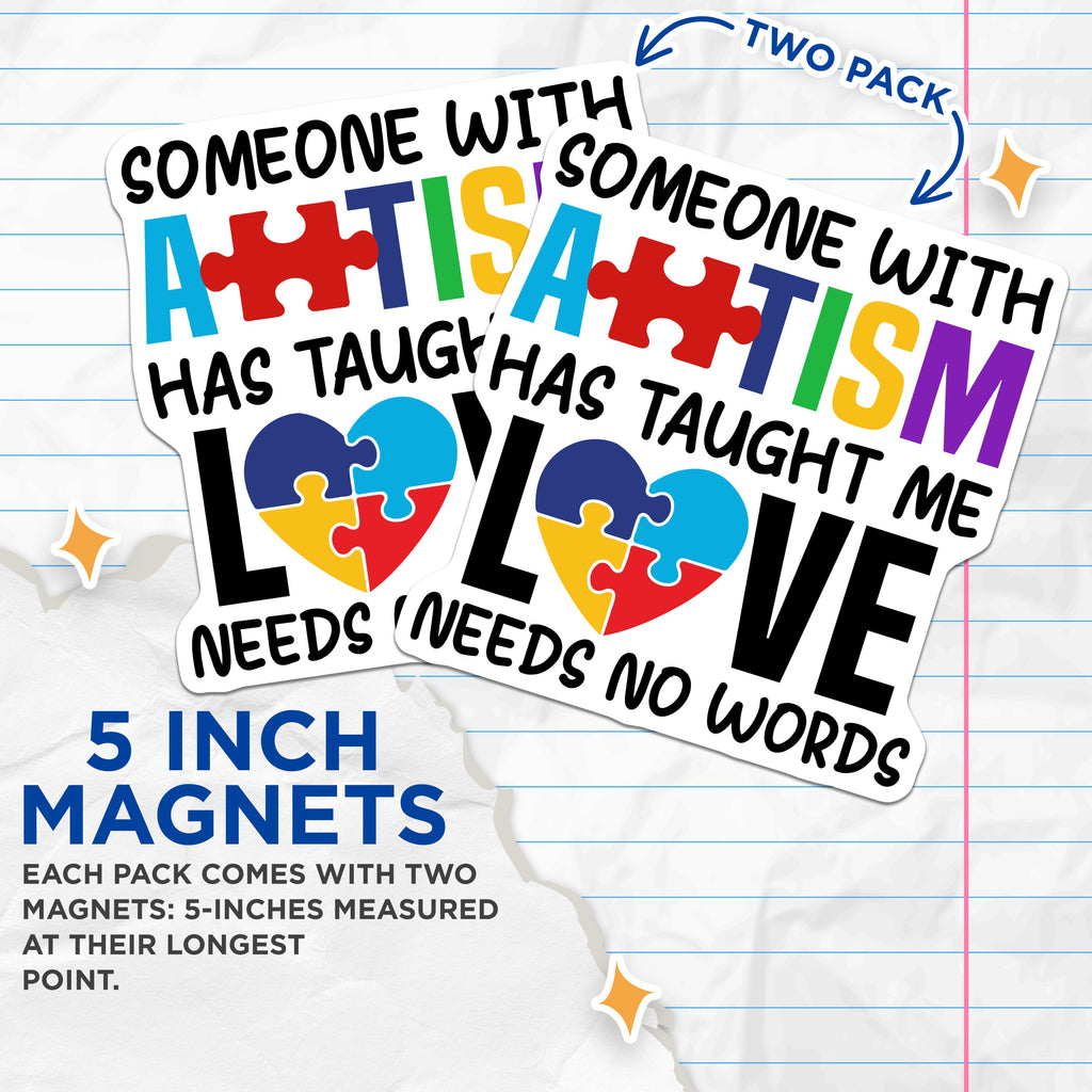 (2 Pack) Autism Awareness Magnets - Neurodiversity Support - Love Needs No Words Decor - 5 Inches On Longest Side - Thick Durable Magnet - Made in USA - MAG36363