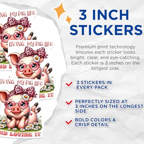 (3 Pack) Pig Life Decals - Cute Animal Stickers - Daisy Flower Decal - 3 Inches On Longest Side - Easy Peel & Apply - Made in USA - 3MCS6699