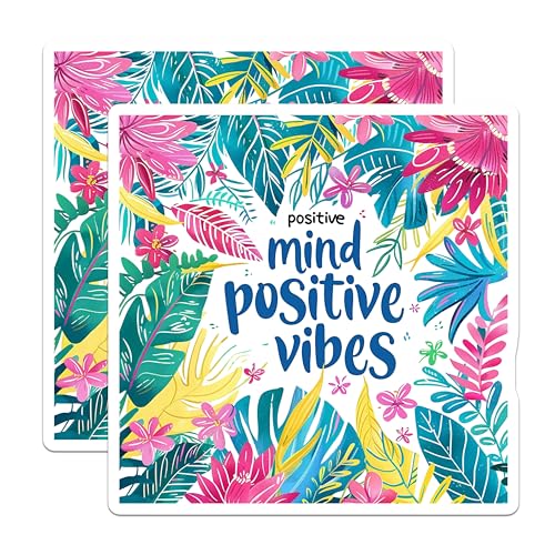 (2 Pack) Mind Positive Vibes Stickers - Inspirational Quotes - Motivational Affirmations - Colorful Flower Designs - 5" On Longest Side - Sticks to Smooth Flat Surfaces - Made in USA - BMCS4315