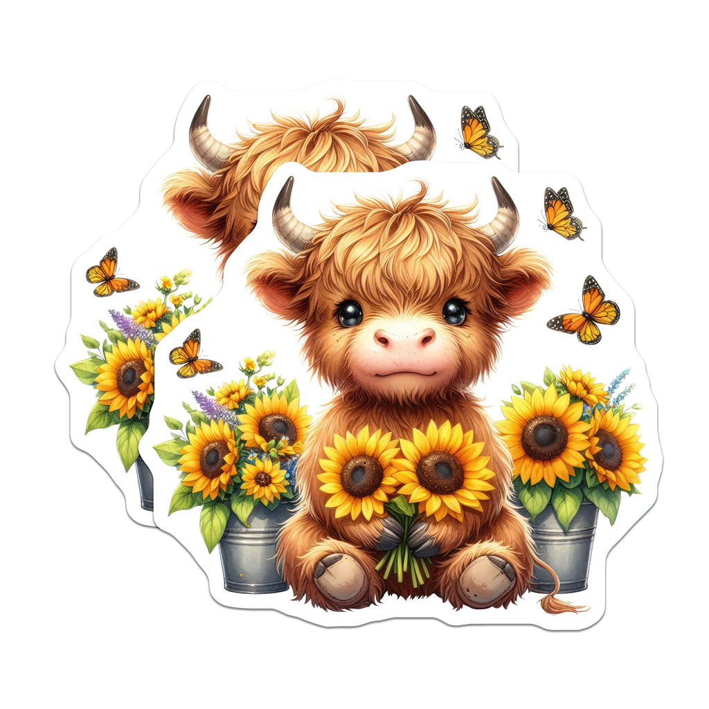 (2 Pack) Adorable Highland Cow Magnets - Baby Calf Sunflower Kitchen Decor - Rustic Farm Animal Fridge Locker Accessory - 5 Inches On Longest Side - Thick Durable Magnet - Made in USA - MAG37673