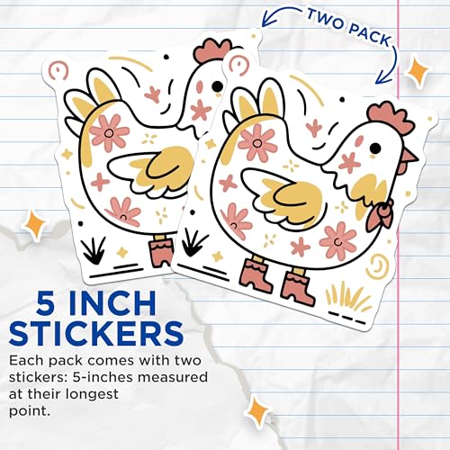 (2 Pack) Cute Chicken Stickers - Farm Animal Decals - Floral Hen Art Stickers for Kids and Adults - 5" On Longest Side - Sticks to Smooth Flat Surfaces - Made in USA - BMCS5749