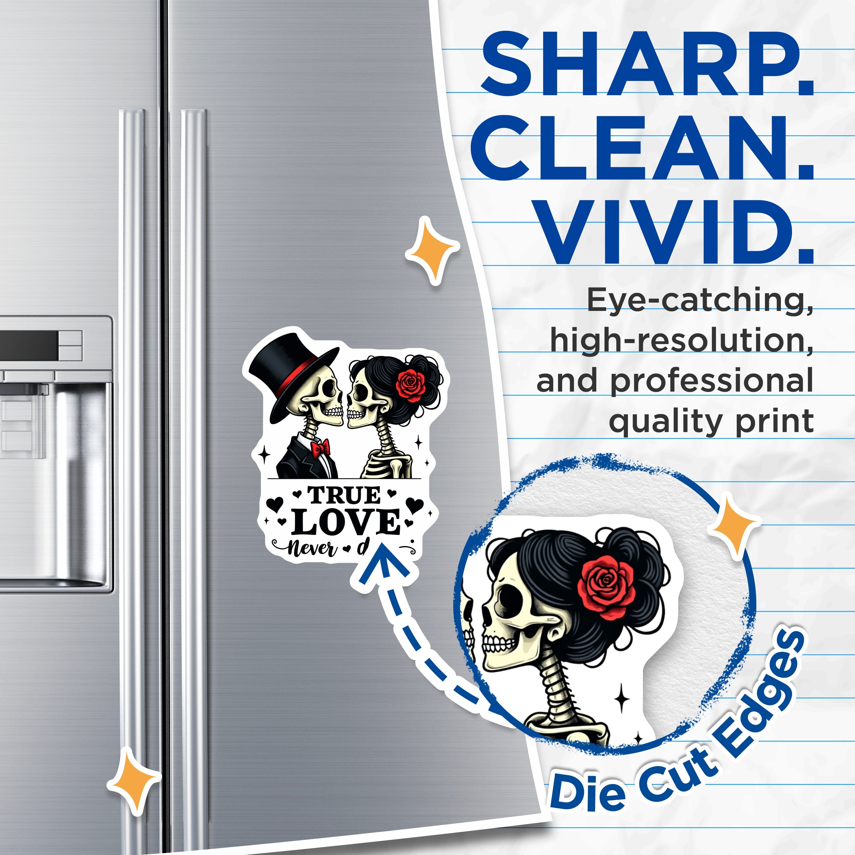 (2 Pack) Skeleton Couple Magnets - True Love Never Dies - Gothic Romance Decor - Forever Love Anniversary Valentine - 5 Inches On Longest Side - Thick Durable Magnet - Made in USA - MAG39175
