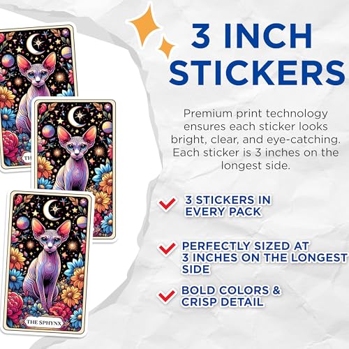 (3 Pack) Sphynx Cat Decals - Tarot Card Kitty Decals - Laptop Art Stickers - 3 Inches On Longest Side - Easy Peel & Apply - Made in USA - 3MCS0121