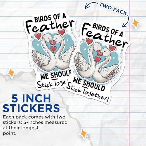 (2 Pack) Birds of A Feather Stickers - Cute Swan Couple - Inspirational Quote Stickers for Laptop and Journal - 5" On Longest Side - Sticks to Smooth Flat Surfaces - Made in USA - BMCS5781