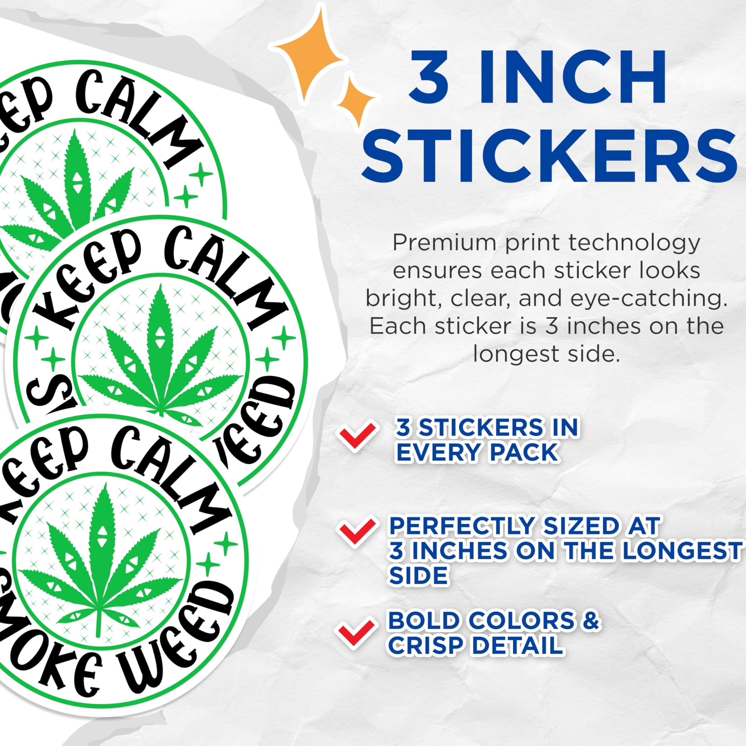 (3 Pack) Keep Calm Smoke Weed Decals - Pot Leaf Sticker - Laptop Decals - 3 Inches On Longest Side - Easy Peel & Apply - Made in USA - 3MCS7699