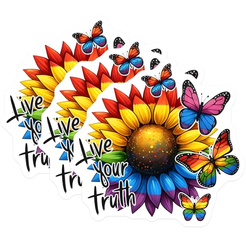 (3 Pack) Rainbow Sunflower Decals - Butterfly Stickers - Pride Month Decal - 3 Inches On Longest Side - Easy Peel & Apply - Made in USA - 3MCS7018