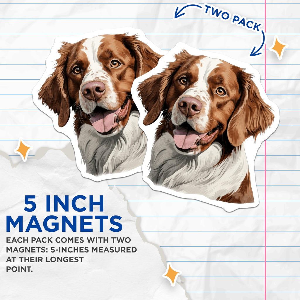 (2 Pack) Brittany Spaniel Magnets - Happy Dog Breed Art - Pet Lover Refrigerator Decor - Dog Mom Dad Accessory - 5 Inches On Longest Side - Thick Durable Magnet - Made in USA - MAG30594