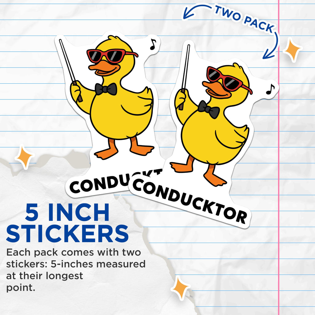 (2 Pack) Funny Duck Stickers - Conductor Duck - Musical Animal Stickers - 5" On Longest Side - Sticks to Smooth Flat Surfaces - Made in USA - BMCS9951