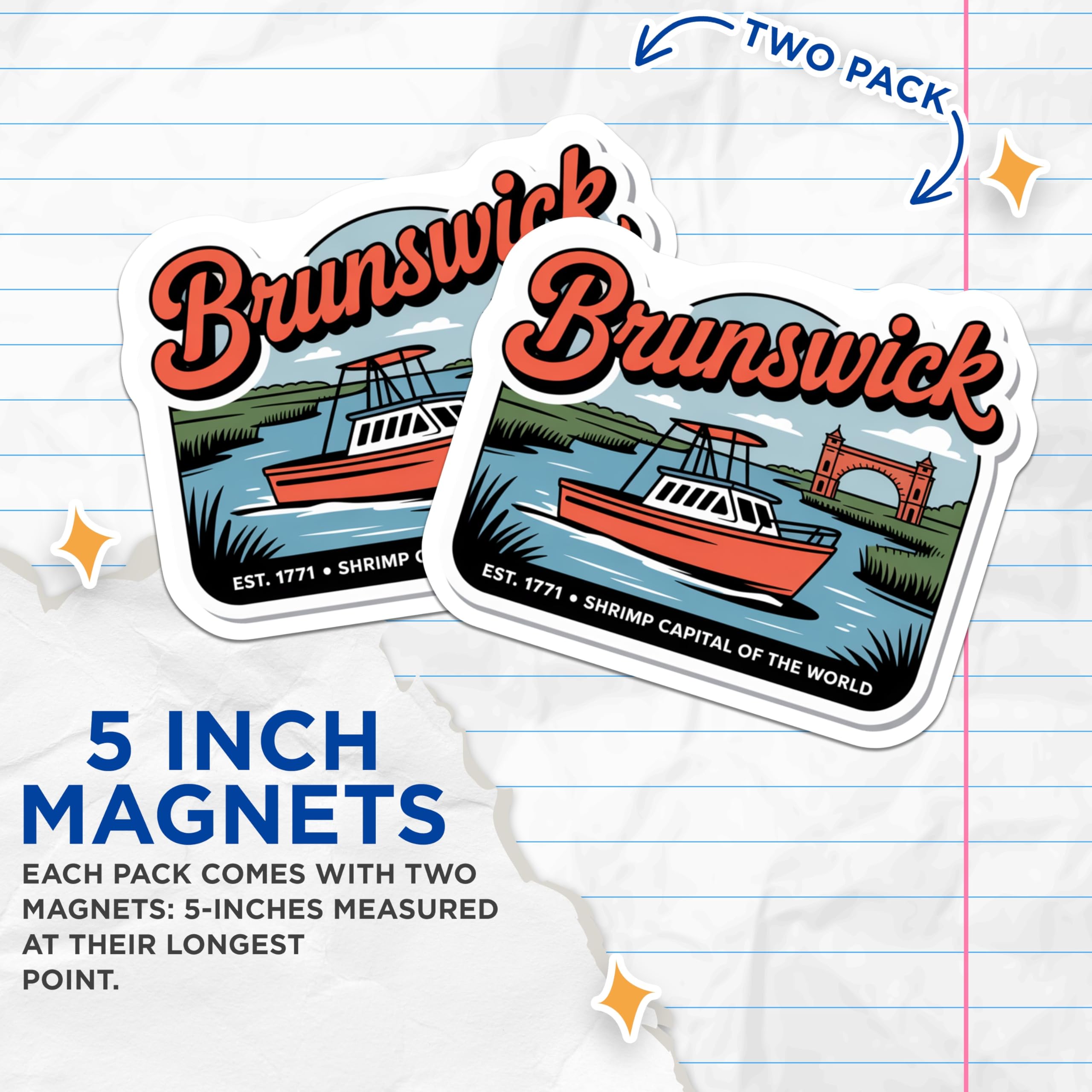 (2 Pack) Brunswick Georgia Magnets - Shrimp Boat - City Souvenir - 5" On Longest Side - Premium Magnet - for Cars, Refrigerators, Toolboxes, Lockers - Made in USA - MAG18023