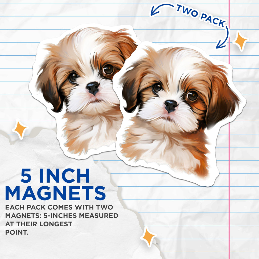 (2 Pack) Cute Puppy Magnets - Adorable Shih Tzu Dog - Refrigerator Locker Decor - 5 Inches On Longest Side - Thick Durable Magnet - Made in USA - MAG28946