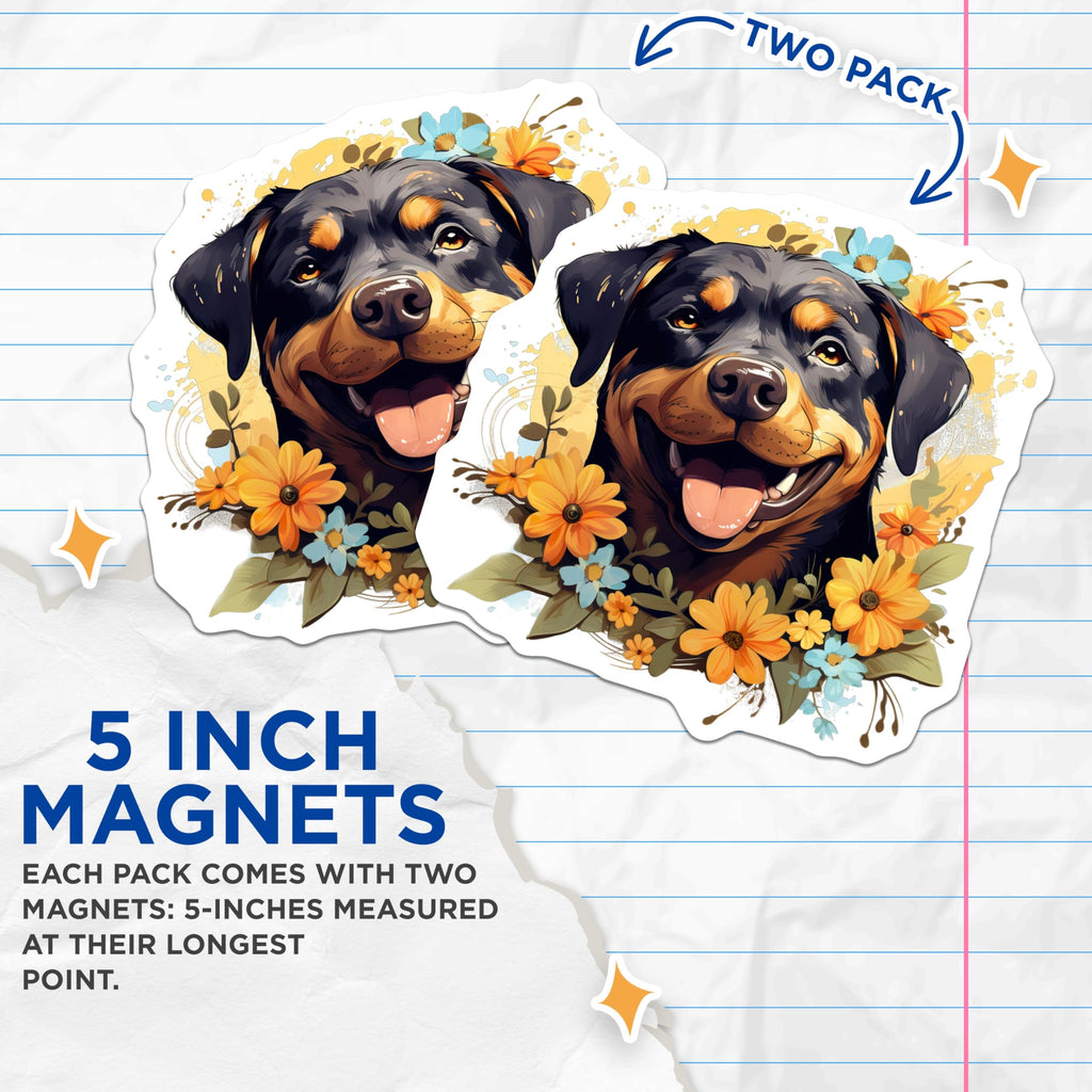 (2 Pack) Rottweiler Magnets - Floral Dog Art Decor - Happy Pet Lover Accessory - 5 Inches On Longest Side - Thick Durable Magnet - Made in USA - MAG25915