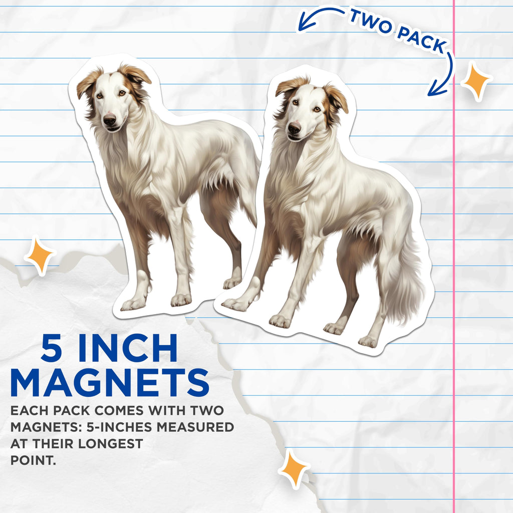 (2 Pack) Borzoi Dog Magnets - Regal Sighthound Refrigerator Decor - Pet Owner Kitchen Accessory - 5 Inches On Longest Side - Thick Durable Magnet - Made in USA - MAG30081