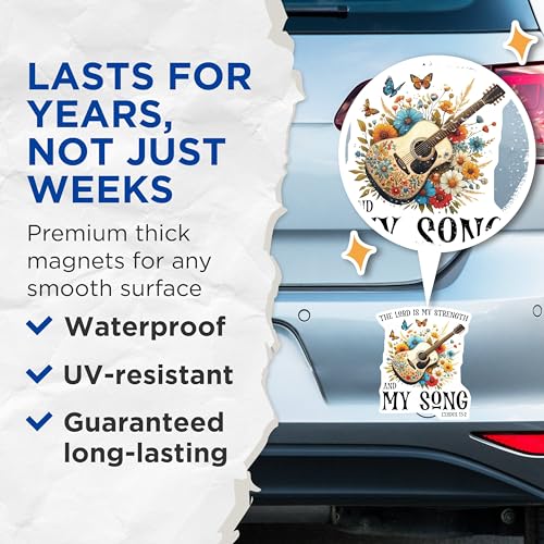 (2 Pack) The Lord is My Strength Magnets - Floral Guitar Magnets - Inspirational Quote Magnets - Bible Verse Magnets - 5" On Longest Side - for Cars, Fridges, Toolboxes - Made in USA - MAG3746