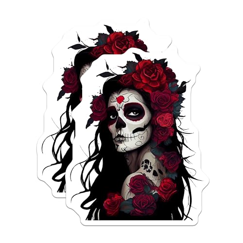 (2 Pack) Day of The Dead Skull Stickers - Sugar Skull Art - 5" On Longest Side - Sticks to Smooth Flat Surfaces - Made in USA - BMCS9204 - BMCS9204