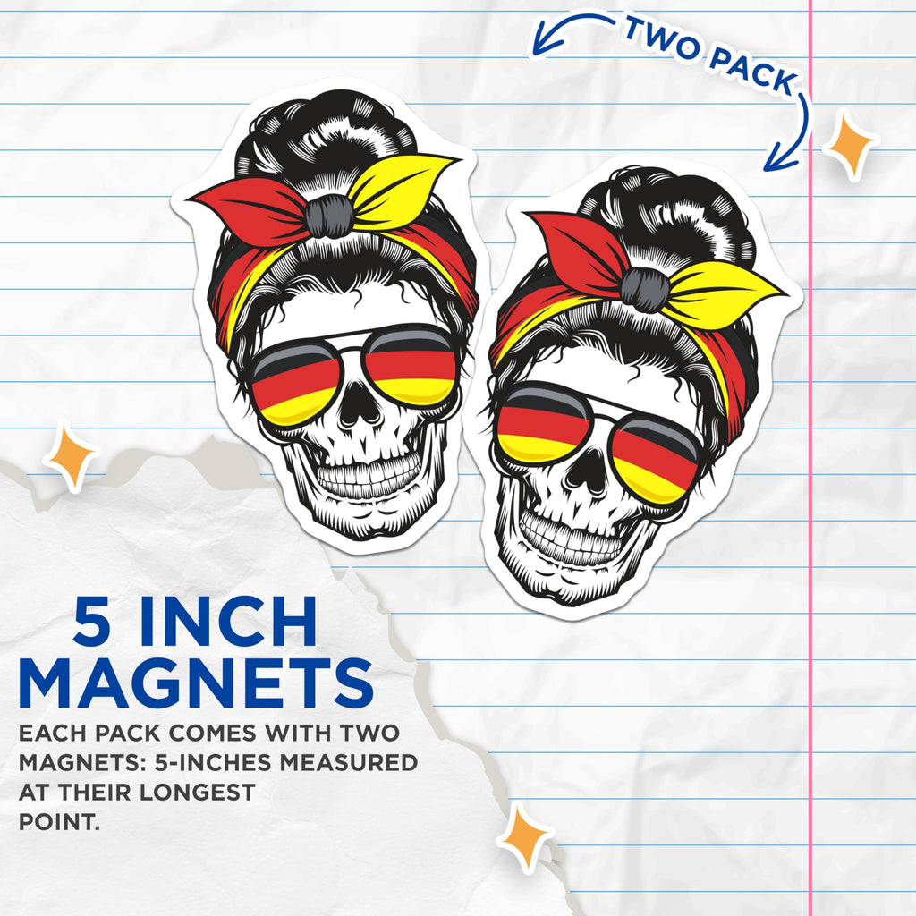 (2 Pack) German Skull Magnets - Germany Flag Art - Messy Bun Skull Design - 5" On Longest Side - Premium Magnet - for Cars, Refrigerators, Toolboxes, Lockers - Made in USA - MAG18125