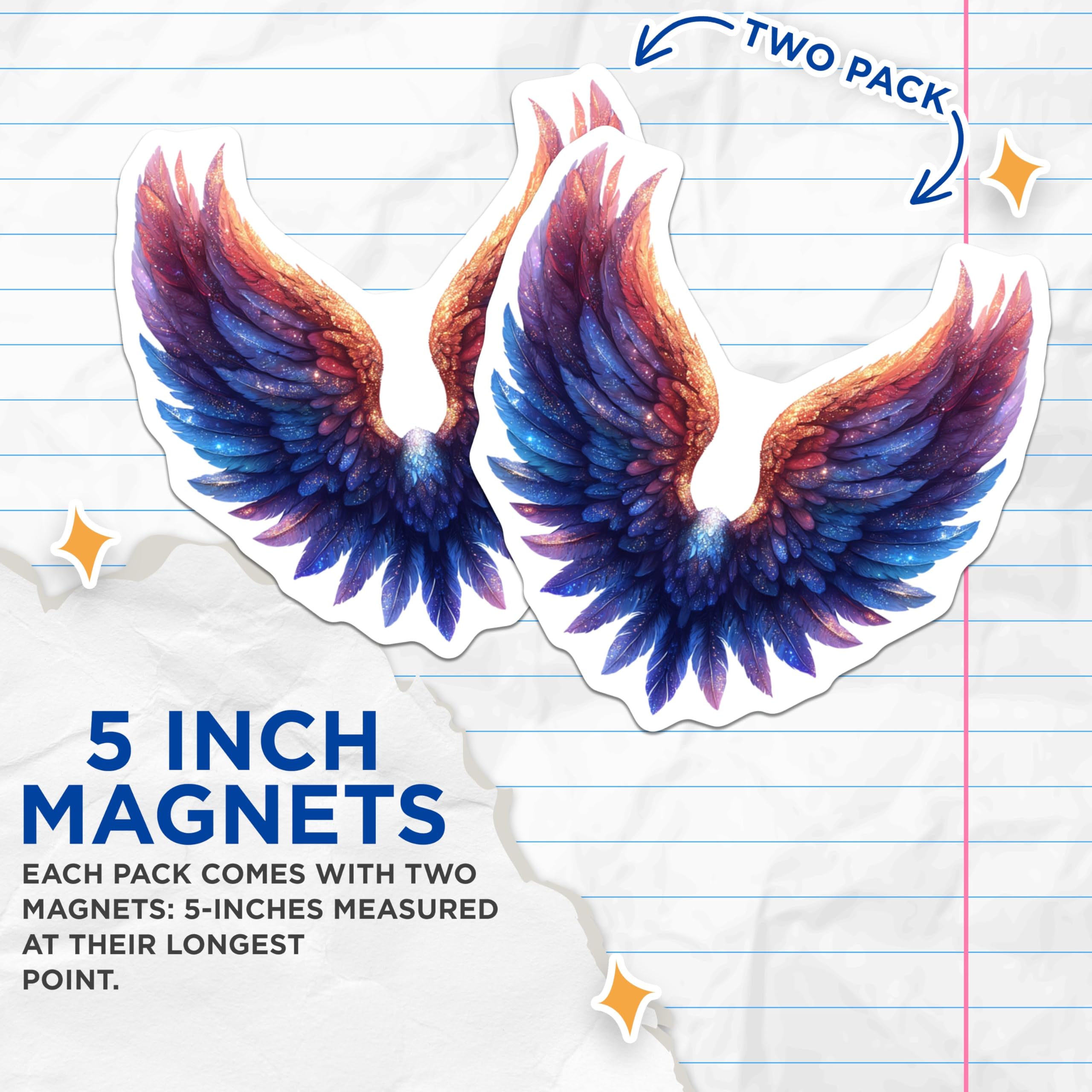 (2 Pack) Cosmic Wings Magnets - Phoenix Angel Feathers - Ethereal Sparkle Decor - 5 Inches On Longest Side - Thick Durable Magnet - Made in USA - MAG28509