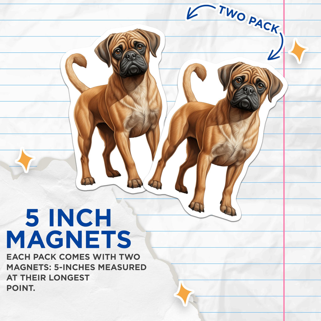 (2 Pack) Puggle Dog Magnets - Cute Wrinkly Puppy Art Decor - Pet Lover Refrigerator Magnets for Dog Mom Dad - 5 Inches On Longest Side - Thick Durable Magnet - Made in USA - MAG26230