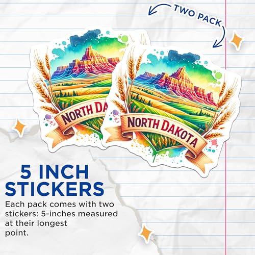 (2 Pack) North Dakota Stickers - Vibrant Landscape Art - State Pride Travel Decals - 5" On Longest Side - Sticks to Smooth Flat Surfaces - Made in USA - BMCS7270