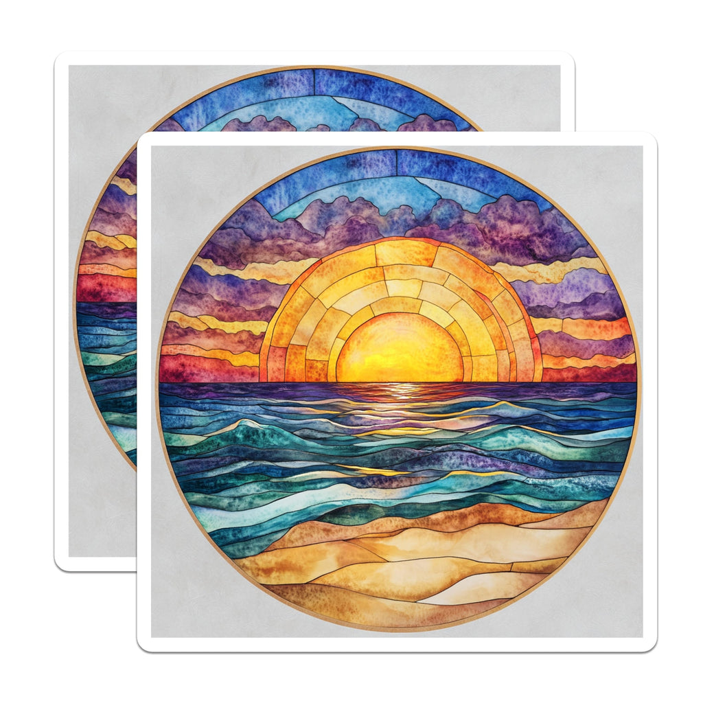(2 Pack) Stained Glass Sunrise Magnets - Ocean Beach Scene - Vibrant Coastal Decor - 5 Inches On Longest Side - Thick Durable Magnet - Made in USA - MAG25481