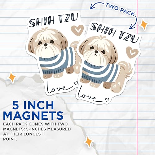 (2 Pack) Shih Tzu Magnets - Cute Cartoon Dog - Animal Fridge Magnets - Dog Lover Decor - Novelty Kitchen Magnets - 5" On Longest Side - for Cars, Fridges, Toolboxes - Made in USA - MAG7309