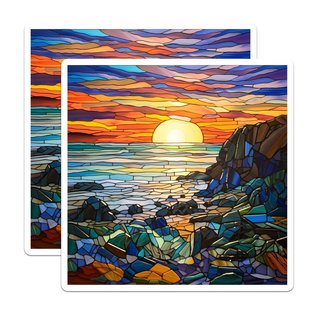 (2 Pack) Stained Glass Ocean Sunset Magnets - Mosaic Coastal Scene - Artistic Seascape Decoration - Refrigerator Accent - 5 Inches On Longest Side - Thick Durable Magnet - Made in USA - MAG24797