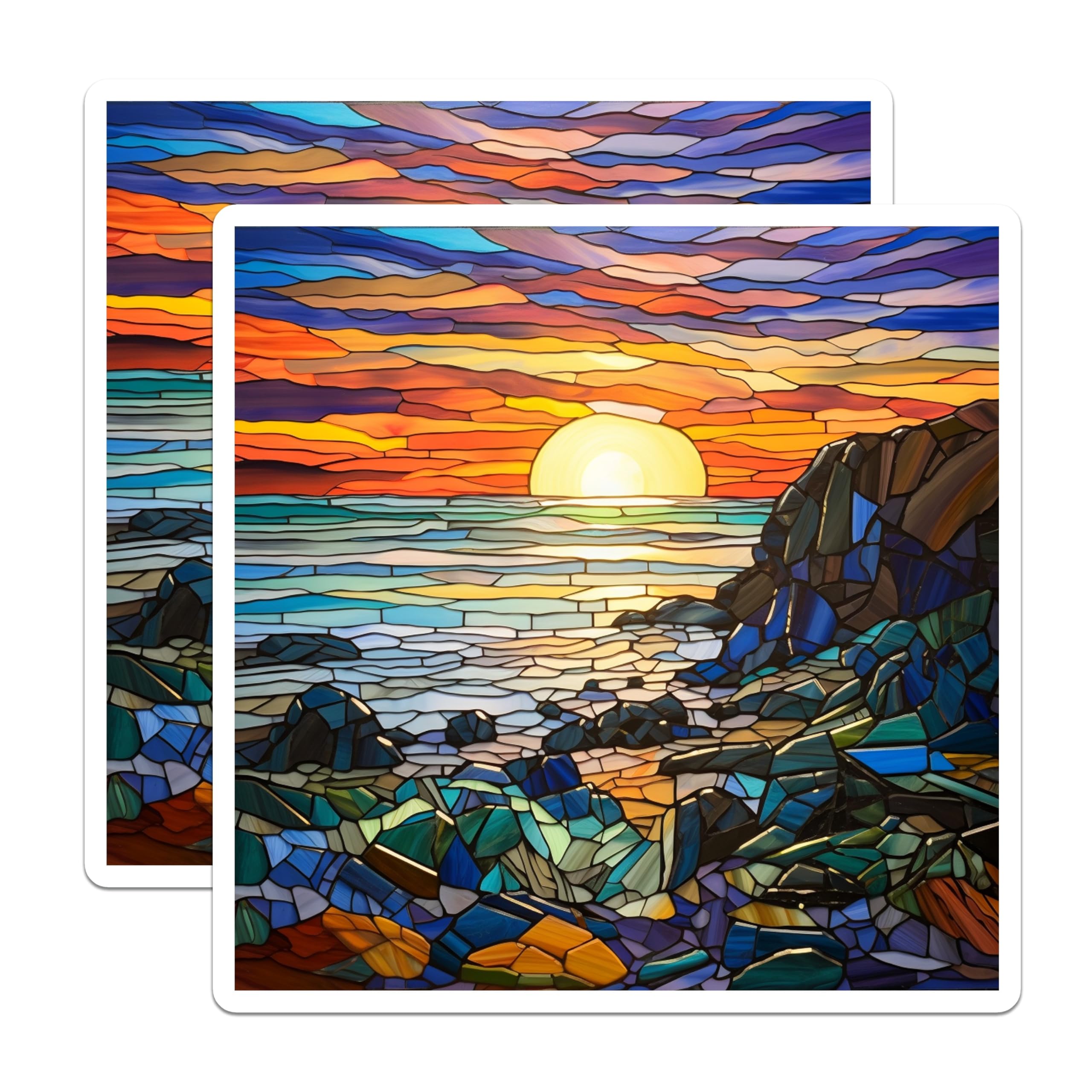 (2 Pack) Stained Glass Ocean Sunset Magnets - Mosaic Coastal Scene - Artistic Seascape Decoration - Refrigerator Accent - 5 Inches On Longest Side - Thick Durable Magnet - Made in USA - MAG24797