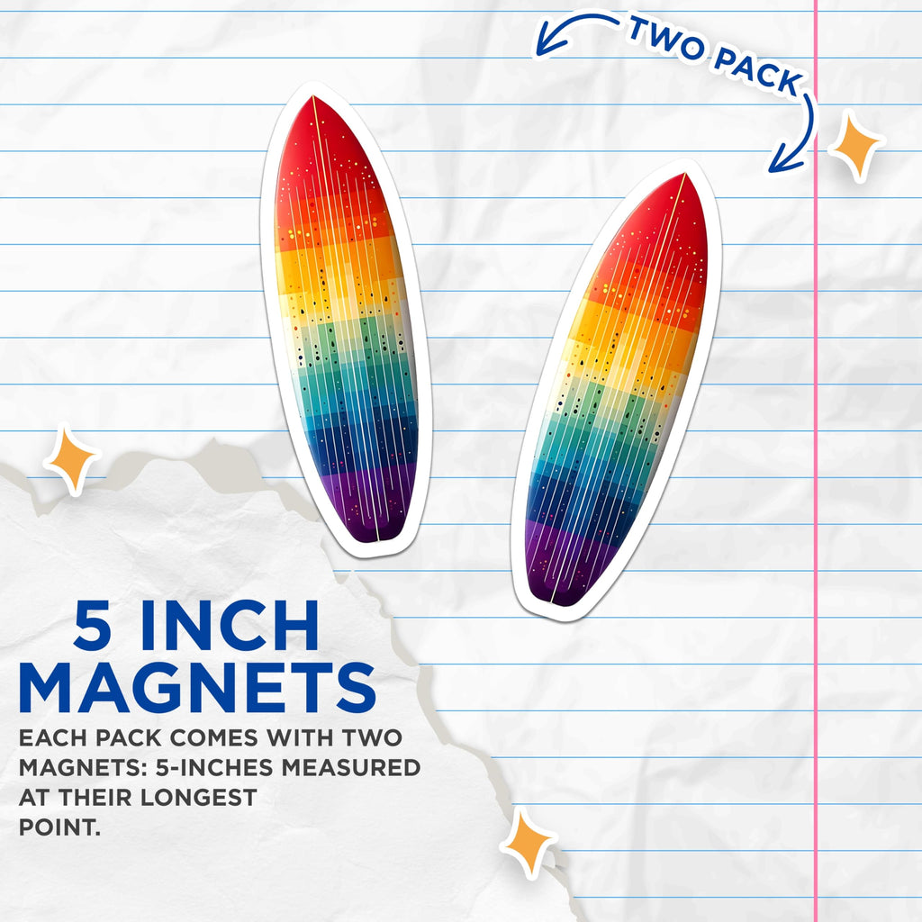 (2 Pack) Surfboard Magnets - Rainbow Surf Board - Colorful Refrigerator Magnets - 5" On Longest Side - Premium Magnet - for Cars, Refrigerators, Toolboxes, Lockers - Made in USA - MAG15032