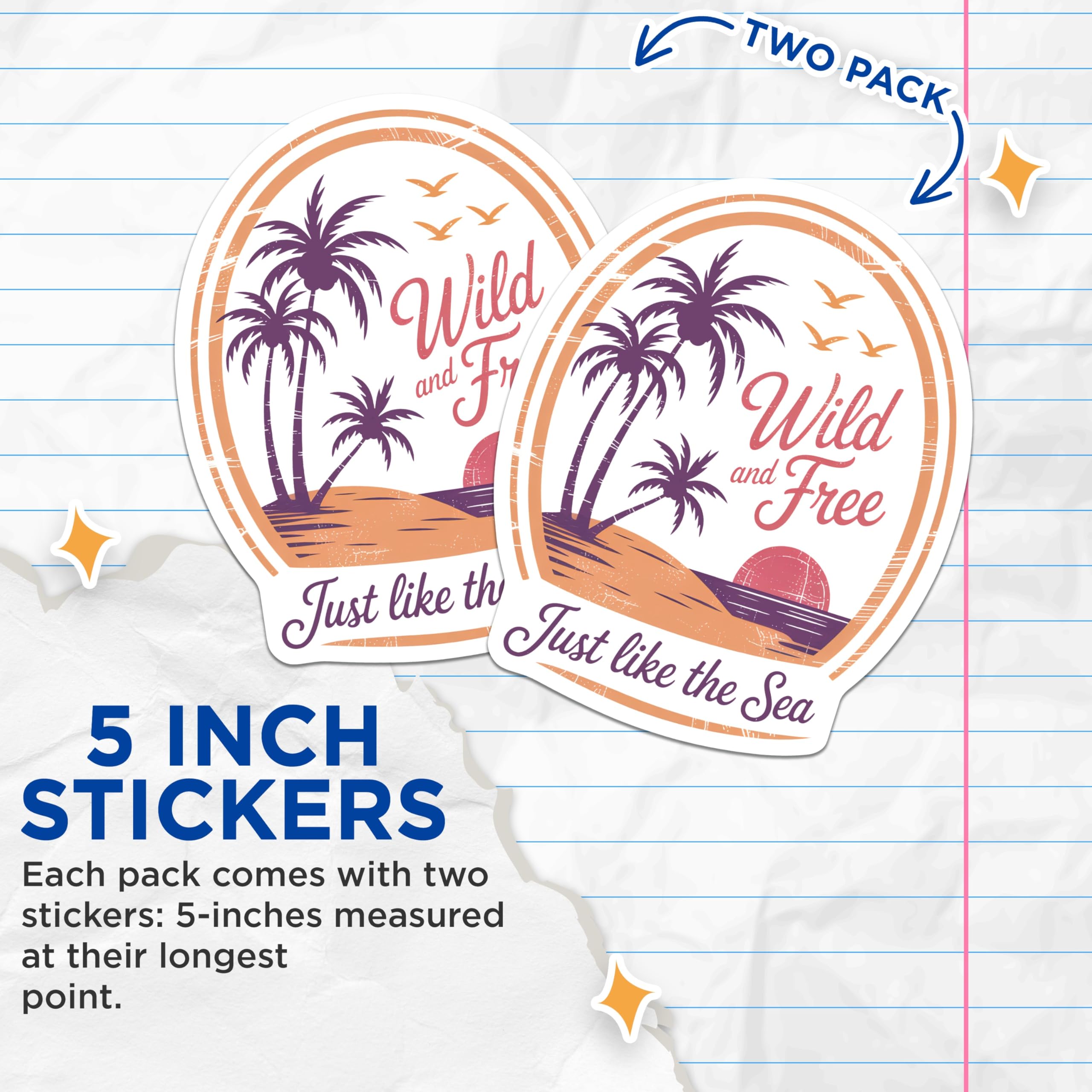 (2 Pack) Wild and Free Stickers - Beach Sunset Stickers - Sea Palm Tree Stickers - 5" On Longest Side - Sticks to Smooth Flat Surfaces - Made in USA - BMCS17557