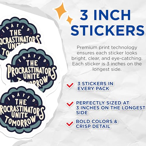 (3 Pack) Procrastinators Unite Decals - Funny Quote Stickers - Laptop Decal - 3 Inches On Longest Side - Easy Peel & Apply - Made in USA - 3MCS0557